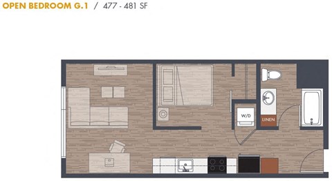 Open One Bedroom Floorplan G1